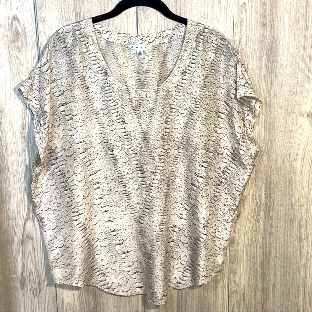 CAbi Women's Gray Black 100% Silk Scoop Neck Dolman Cap Sleeve Pullover Blouse M
